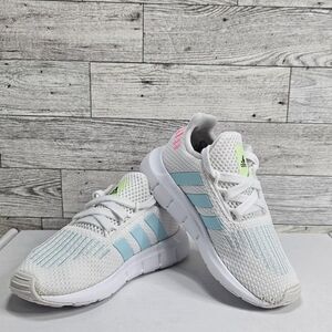 Kids White Athletic Sneakers with Light Blue Accents and Neon Details